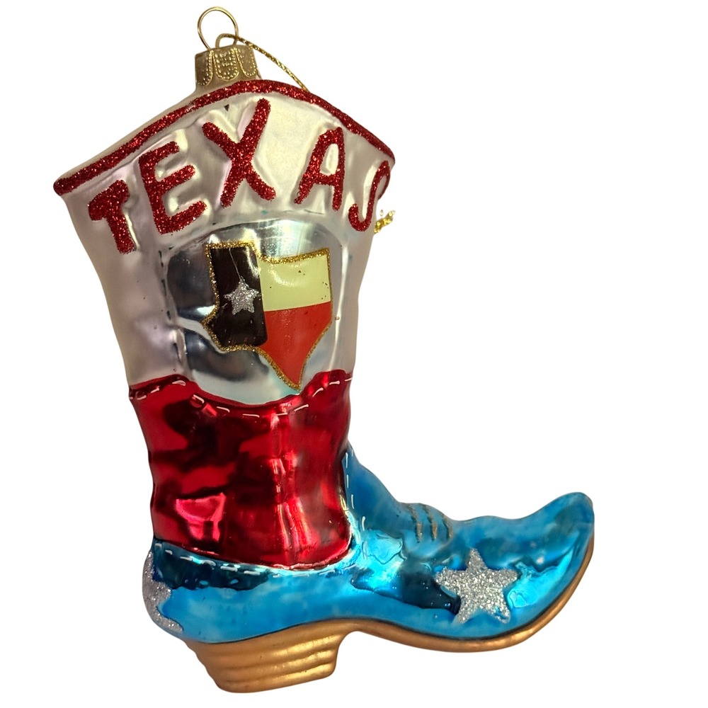 Texas Cowboy Boot Glass Christmas Ornament Red White Blue Glitter 5 Inch